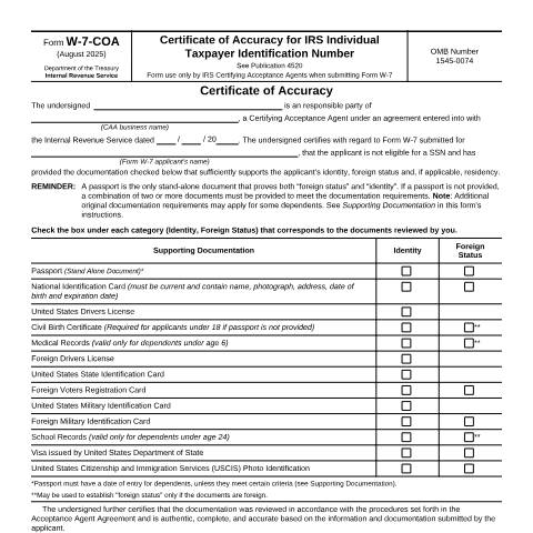 Document preview: IRS Form fw7coa — IRS, United States (CERFA n°W7COA)