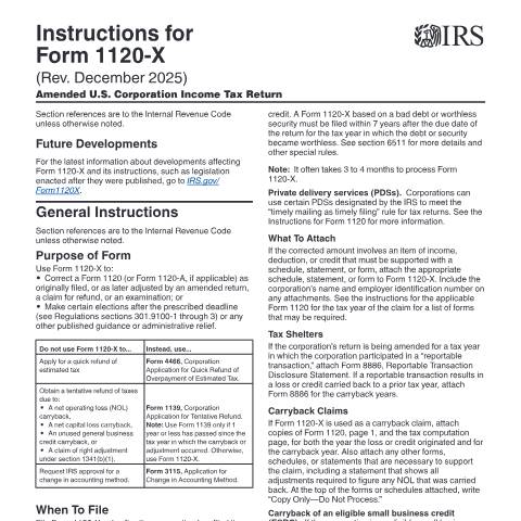 Document preview: IRS Instructions i1120x — IRS, United States (CERFA n°INST-1120X)