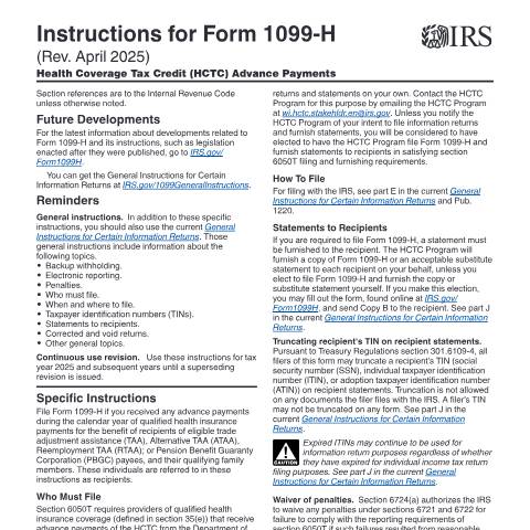 Document preview: IRS Instructions i1099h — IRS, United States (CERFA n°INST-1099H)