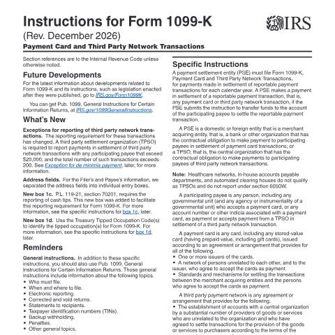Document preview: IRS Instructions i1099k — IRS, United States (CERFA n°INST-1099K)