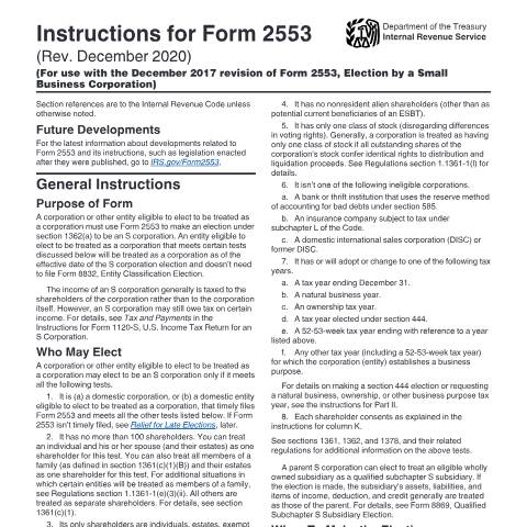 Document preview: IRS Instructions i2553 — IRS, United States (CERFA n°INST-2553)