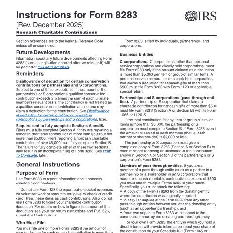 Document preview: IRS Instructions i8283 — IRS, United States (CERFA n°INST-8283)