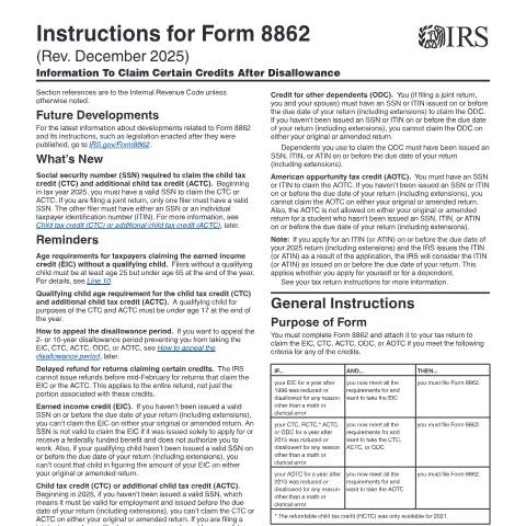 Document preview: IRS Instructions i8862 — IRS, United States (CERFA n°INST-8862)