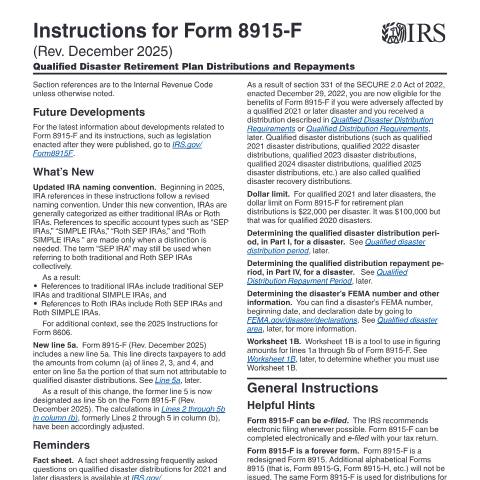 Document preview: IRS Instructions i8915f — IRS, United States (CERFA n°INST-8915F)