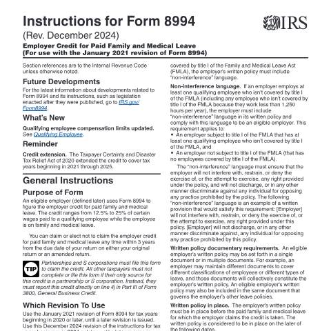 Document preview: IRS Instructions i8994 — IRS, United States (CERFA n°INST-8994)