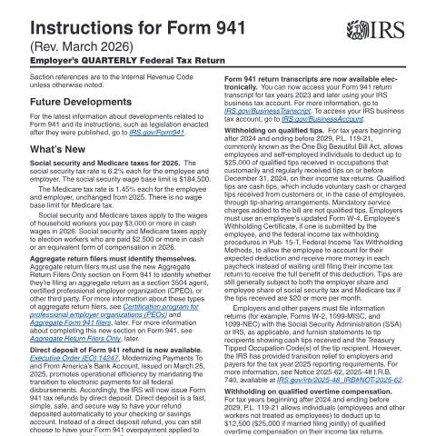 Document preview: IRS Instructions i941 — IRS, United States (CERFA n°INST-941)