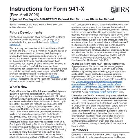 Document preview: IRS Instructions i941x — IRS, United States (CERFA n°INST-941X)