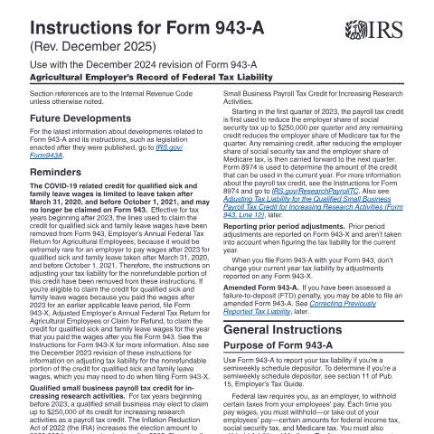 Document preview: IRS Instructions i943a — IRS, United States (CERFA n°INST-943A)