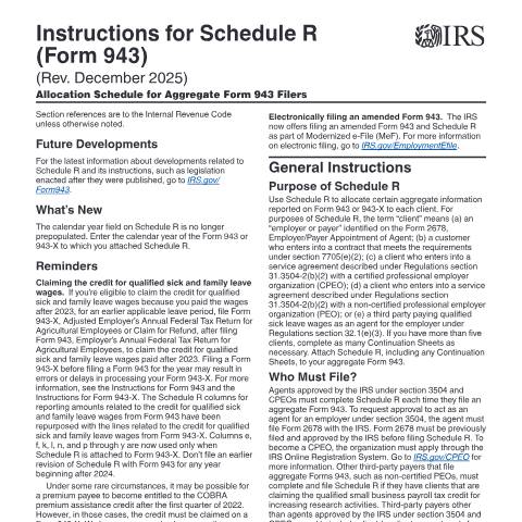 Document preview: IRS Instructions i943sr — IRS, United States (CERFA n°INST-943SR)