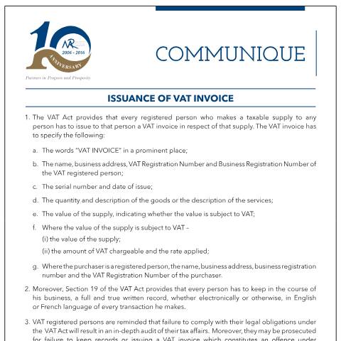 Document preview: Issuance of VAT Invoice&nbsp;(28.02.17) — Document, Mauritius (CERFA n°IssuanceofVATInvoice)