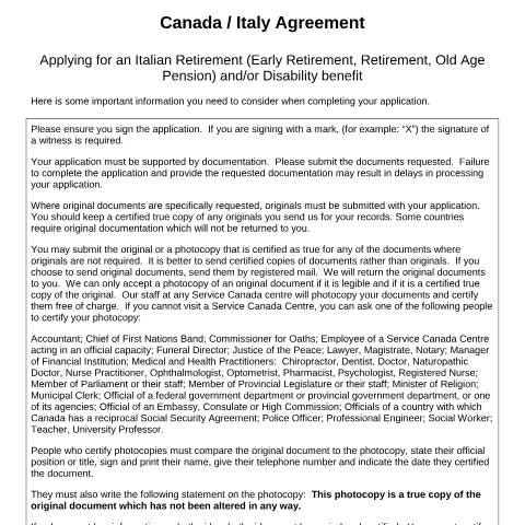Document preview: Italy/Canada Agreement – Application for an Italian Retirement and/or Disability benefit. — Income Security Programs, Canada (CERFA n°CAN_IT_1)