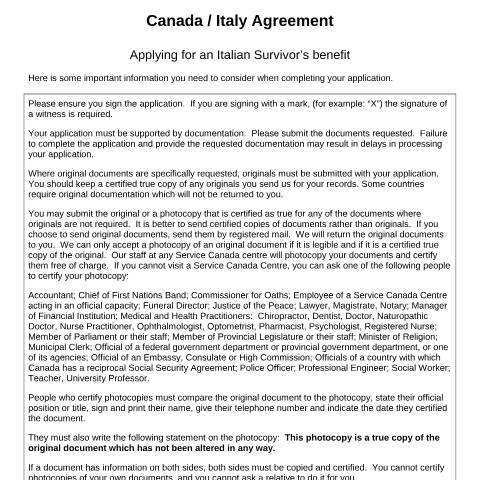 Document preview: Italy/Canada Agreement - Application for Italian Survivor's Benefits — Income Security Programs, Canada (CERFA n°CAN_IT_1_(S))