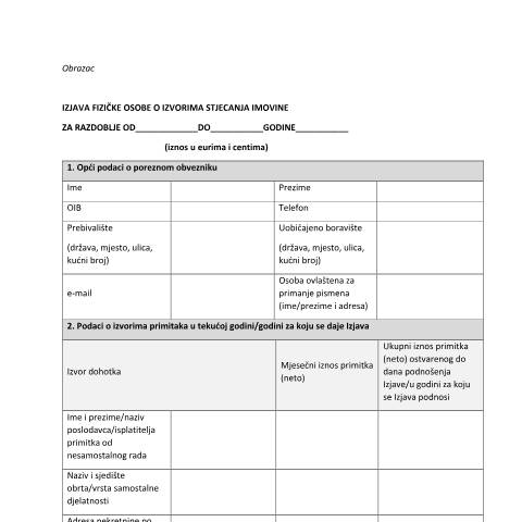 Document preview: Izjava fizičke osobe o izvorima stjecanja imovine — Porezna uprava (fisc), Hrvatska (CERFA n°Izjava fizičke osobe o izvorima stjecanja imovine)