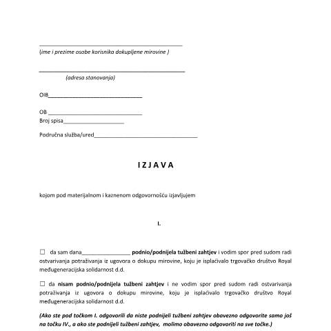 Document preview: Izjava korisnika dokupljene mirovine Royal — Mirovinsko (pension), Hrvatska (CERFA n°Izjava_korisnika_dokupljene_mirovine_Roy)