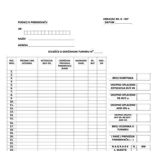Document preview: IZVJEŠTAJ O ODRŽANOM TURNIRU — Obrazac | Igre na sreću, Bosna i Hercegovina (CERFA n°IOT)