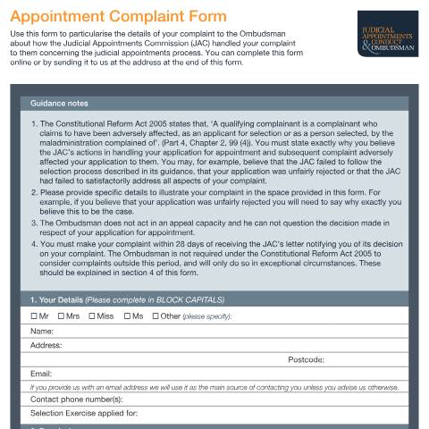 Document preview: JACO judicial appointment complaint form — Judicial Appointments and Conduct Ombudsman, United Kingdom
