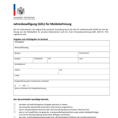 Dokumentvorschau: Jahresbewilligung (GDL) für Meldebefreiung — Ausländer-/Passamt — Dienstleistungserbringung Gdl, Liechtenstein (CERFA n°jahresbewilligung-gdl-fuer-meldebefreiung)
