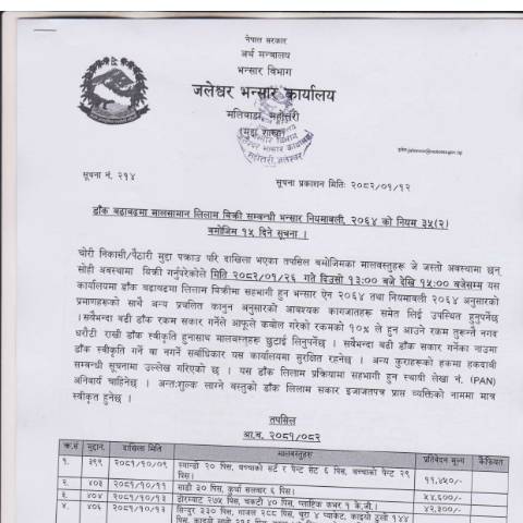 Document preview: जलेश्वर भन्सार कार्यालयको मालसामान लिलाम विक्री सम्बन्धी सूचना २०८२-०१-१२ — customs_form, नेपाल (CERFA n°जलेश्वर भन्सार कार्यालयको मालसामान लिलाम विक्री सम्बन्धी सूचना २०८२ ०१ १२ 78v6xr)