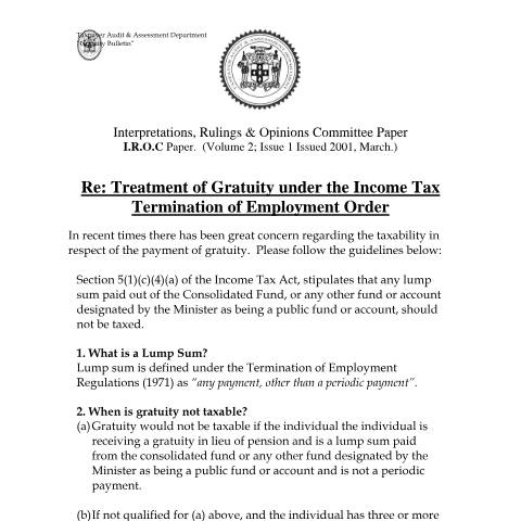 Document preview: 2004 TAAD - Treatment of Gratuity under the Termination of Employment Order — Regulation / Order, Jamaica (CERFA n°2004+taad+-+treatment+of+gratuity+under+the+termination+of+employment+order)