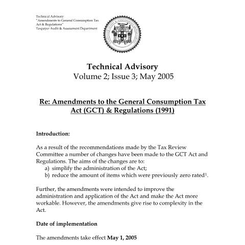 Document preview: 2005 IROC.GCT - Amendments to General Consumption Tax Act &amp; Regulations — Act / Law, Jamaica (CERFA n°2005+iroc.gct+-+amendments+to+general+consumption+tax+act++regulations)
