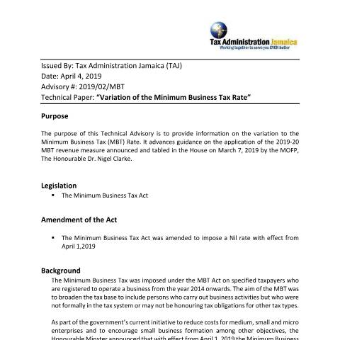 Document preview: Technical Advisory - Variation of the Minimum Business Tax Rate 2019 — Reference, Jamaica (CERFA n°Technical+Advisory+-Variation+of+the+Minimum+Business+Tax+Rate_2019)