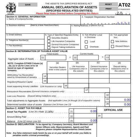 Document preview: AT02 - Declaration of Assets (Specified Regulated Entities) — Form, Jamaica (CERFA n°AT02+2018)