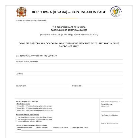 Document preview: BOR FORM A BENEFICIAL OWNER OF THE COMPANY CONTINUATION PAGE — Form, Jamaica (CERFA n°BOR_FORM_A_CONTINUATION_PAGE_BENEFICIAL_OWNER_OF_THE_COMPANY)