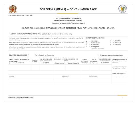 Document preview: BOR FORM A LIST OF BENEFICIAL OWNERS AND SHAREHOLDERS CONTINUATION PAGE — Form, Jamaica (CERFA n°BOR_FORM_A_CONTINUATION_PAGE_LIST_OF_BENEFICIAL_OWNERS_AND_SHAREHOLDERS_11012024)