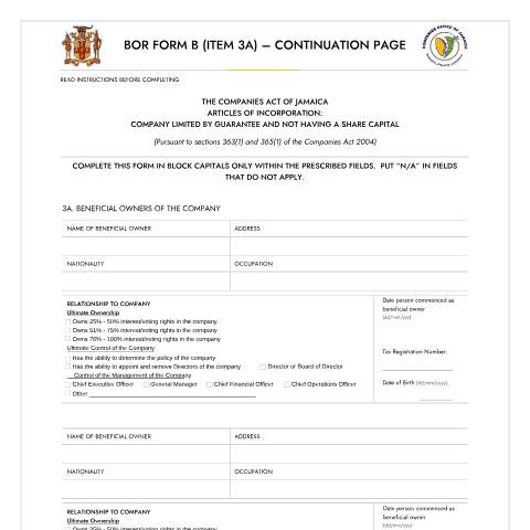Document preview: BOR FORM B BENEFICIAL OWNER OF THE COMPANY CONTINUATION PAGE — Form, Jamaica (CERFA n°BOR_FORM_B_CONTINUATION_PAGE_BENEFICIAL_OWNERS_OF_THE_COMPANY)