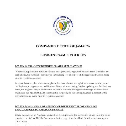 Document preview: The Registration of Business Name Rules — Form, Jamaica (CERFA n°BUSINESS NAMES POLICIES)