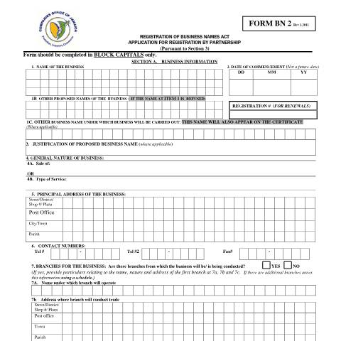 Document preview: Form BN2 (FOR RENEWAL ONLY) — Form, Jamaica (CERFA n°BN 2 FORM Rev 01. 2011)