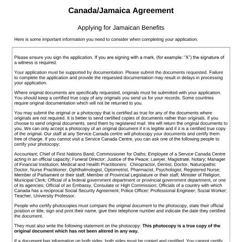 Document preview: Jamaica/Canada Agreement - Application for a Jamaican Survivors Benefit — Income Security Programs, Canada (CERFA n°CAN_JAM1_(srv))