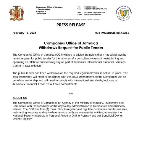 Document preview: PRESS RELEASE — Publication, Jamaica (CERFA n°PressRelease)