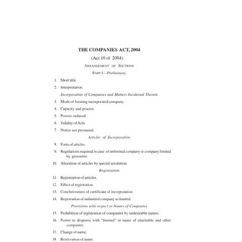 Document preview: The Companies Act 2004 — Act / Law, Jamaica (CERFA n°Companies Act 2004 (Bookmark Version))