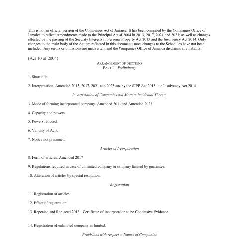 Document preview: Companies Act 2004_2013, 2017, 2021 ,2023 and Amendments _ SIPP and Insolvency Act — Act / Law, Jamaica (CERFA n°Companies_Act_2004_with_2013_2017_2021_and_2023_Amendments_SIPP_Insolvency_Amendments)