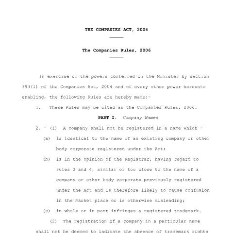 Document preview: The Companies Rules 2006 — Regulation / Order, Jamaica (CERFA n°CompaniesRules_2006)