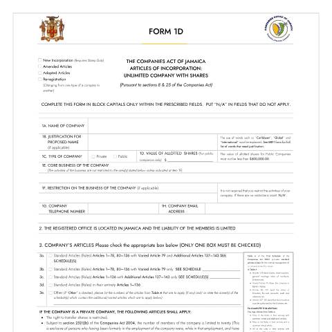 Document preview: Form 1D — Form, Jamaica (CERFA n°FORM_1D_18092023)