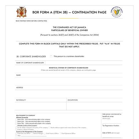 Document preview: BOR FORM A CORPORATE SHAREHOLDERS CONTINUATION PAGE — Form, Jamaica (CERFA n°BOR_FORM_A_CONTINUATION_PAGE_CORPORATE_SHAREHOLDERS)