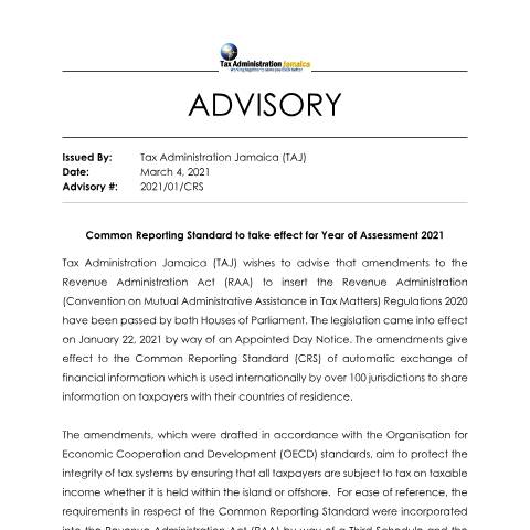 Document preview: Common Reporting Standard — Publication, Jamaica (CERFA n°CRS_Advisory_Common_Reporting_Standard_(March+2021))
