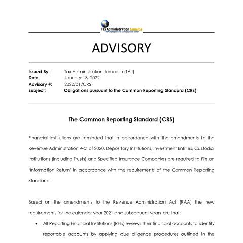 Document preview: Obligations pursuant to the Common Reporting Standard (CRS) (2022) — Publication, Jamaica (CERFA n°Obligations+pursuant+to+the+CRS+012022)