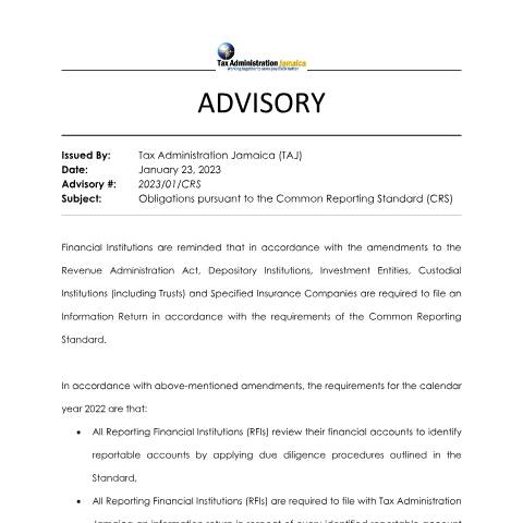 Document preview: Obligations Pursuant to the Common Reporting Standard (CRS) (2023) — Publication, Jamaica (CERFA n°CRS_Advisory_30_1_2023)