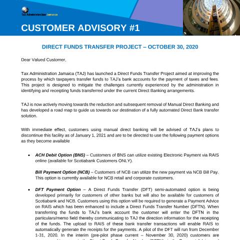 Document preview: Customer Advisory 1 — Document, Jamaica (CERFA n°customer_advisory_Direct_funds_transfer_project_final_october_012021)