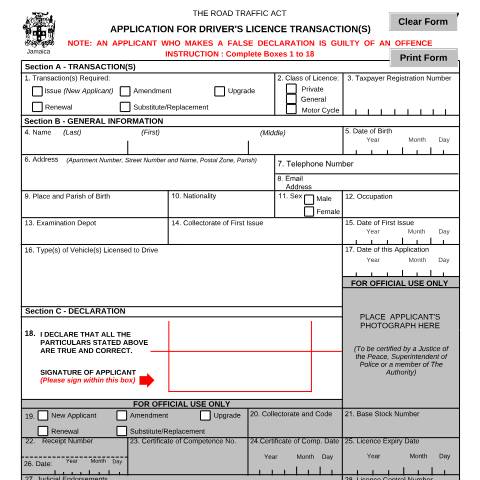 Document preview: Form F7 - Application for Driver's Licence Transaction(s) — Form, Jamaica (CERFA n°Application+for+Drivers+Licence+Transactions_F7_032024)