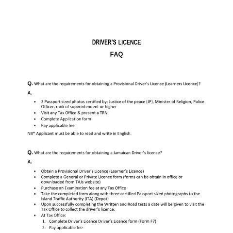 Document preview: Driver's Licence - Frequently Asked Questions — Guide, Jamaica (CERFA n°DL+FAQs)