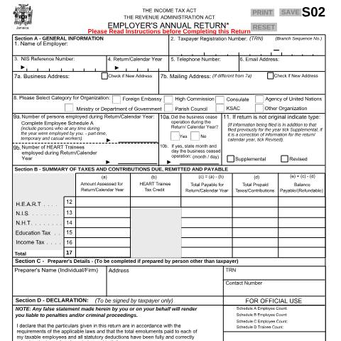 Document preview: S02 - EMPLOYERS ANNUAL RETURN (with Schedule) — Form, Jamaica (CERFA n°S02_Return_with_Sch_07132021_012022)