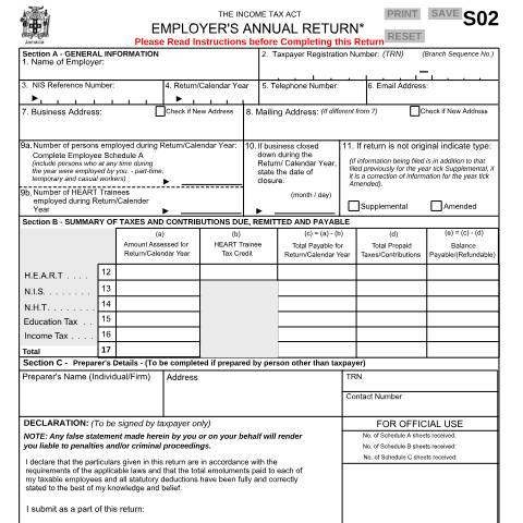 Document preview: S02 - EMPLOYERS ANNUAL RETURN — Form, Jamaica (CERFA n°s02_03032017)