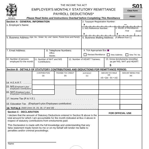 Document preview: S01 - Employers Monthly Remittance Payroll Deductions — Document, Jamaica (CERFA n°s01)