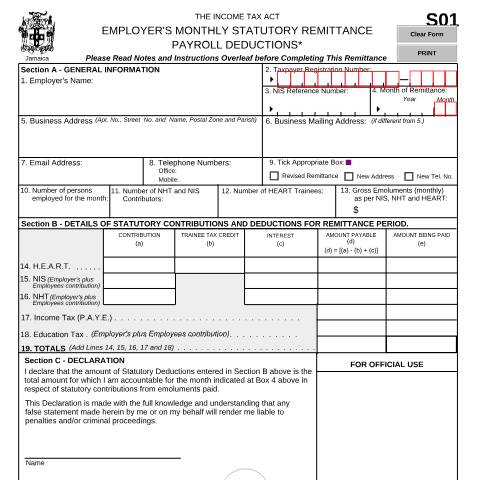 Document preview: S01 - Employers Monthly Remittance Payroll Deductions — Document, Jamaica (CERFA n°S01+01.04.2020+ver1-4)