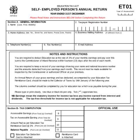 Document preview: ET01 - SELF-EMPLOYED PERSON'S ANNUAL RETURN — Form, Jamaica (CERFA n°et01)