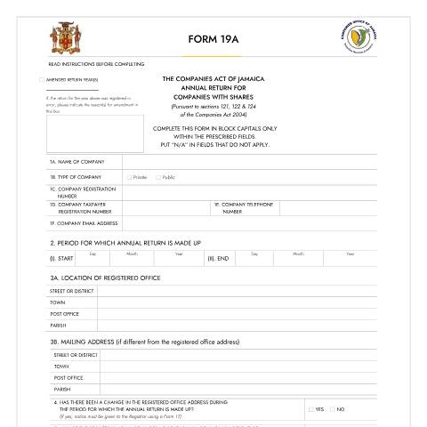 Document preview: FORM 19A — Form, Jamaica (CERFA n°FORM_19A_03102023)